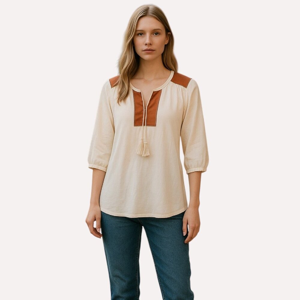 Haute Hippie Womens S Cream Suede Trim Tassel Tunic Blouse Boho Western NWT